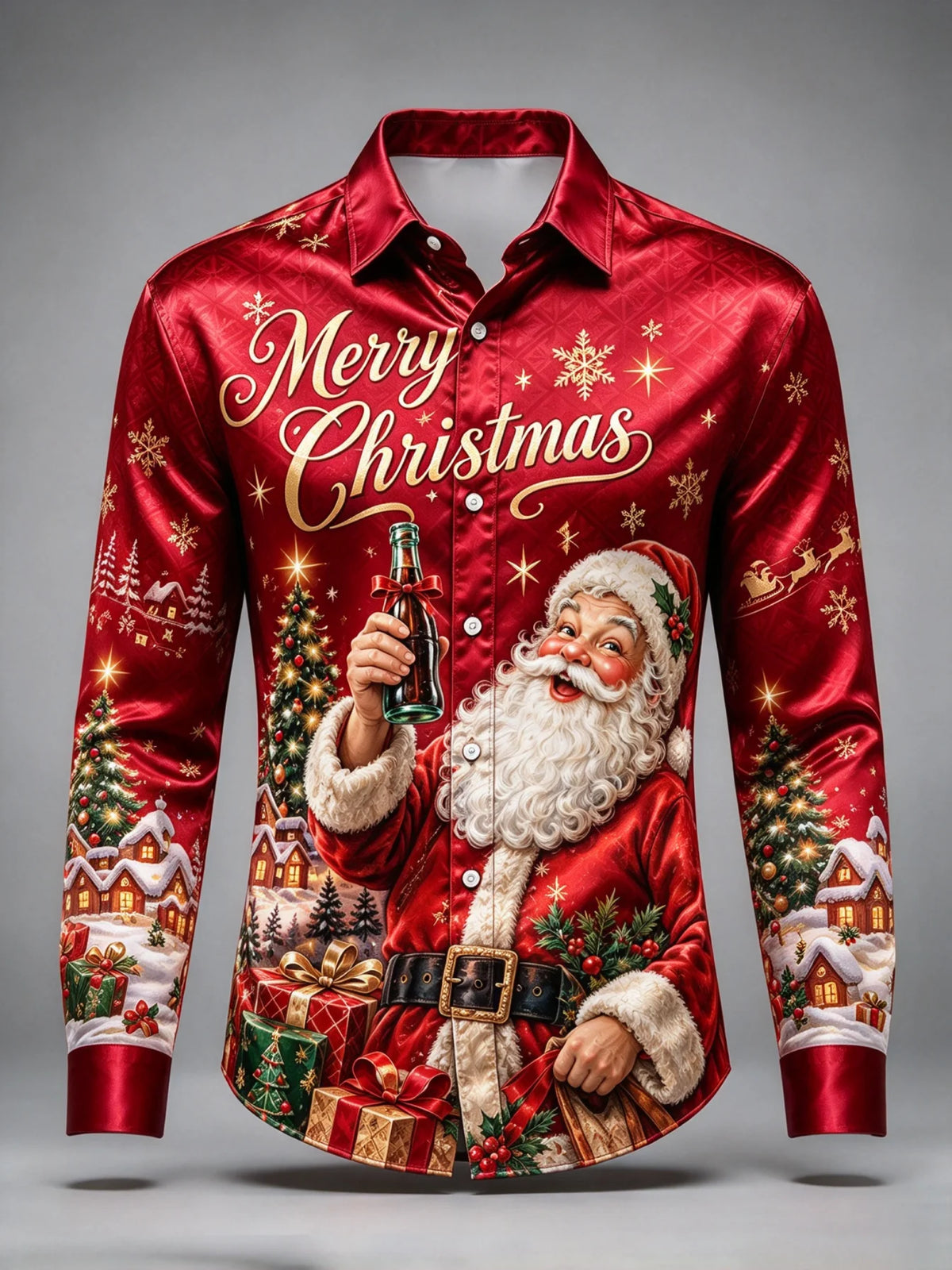 Darian | Santa Print Button-Front Christmas Blouse for Men
