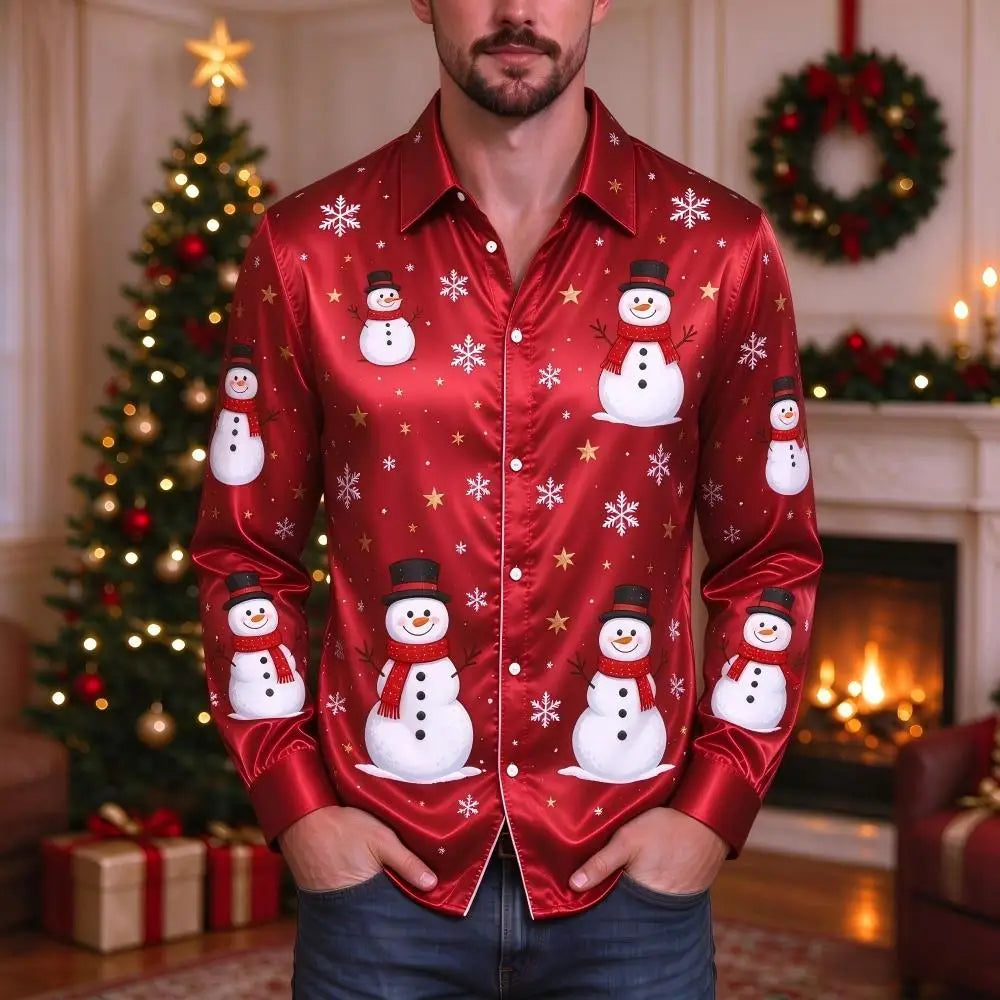 Ubbo | Satin Bell Print Button-Down Christmas Blouse for Men