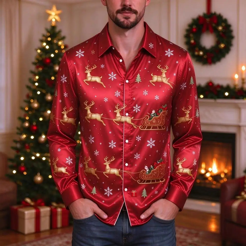 Ubbo | Satin Bell Print Button-Down Christmas Blouse for Men