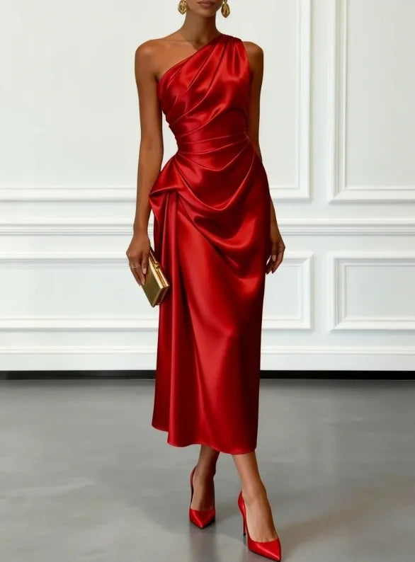 Ilenora | Draped One-Shoulder Ruched Midi Dress for Women