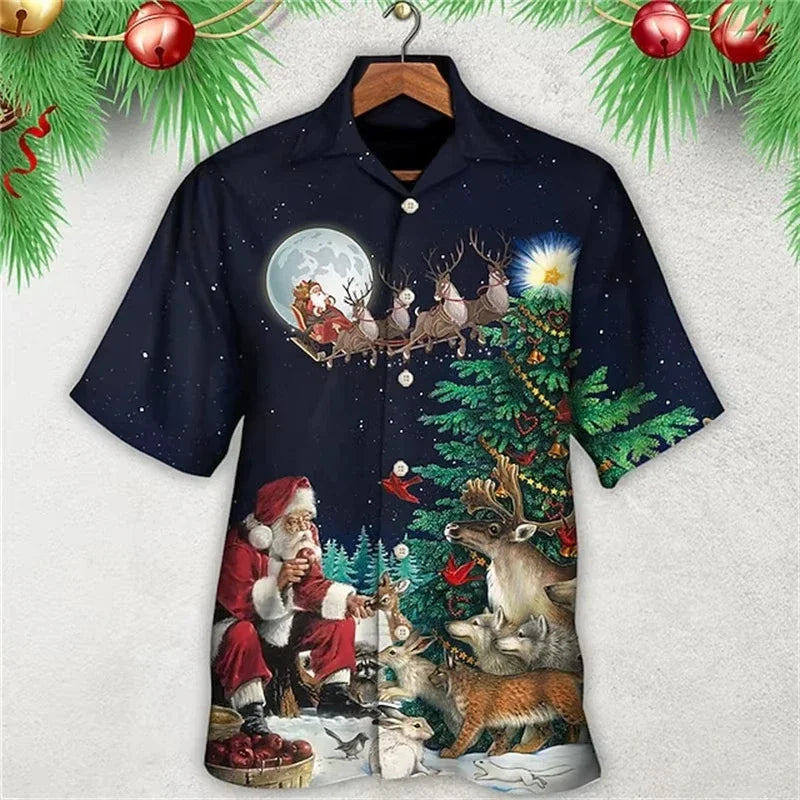 Carter | Short Sleeve Christmas Blouse with Santa Print for Men