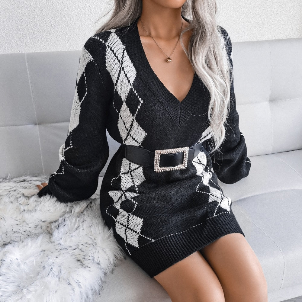 Charlot | Argyle V-Neck Sweater Dress for Women