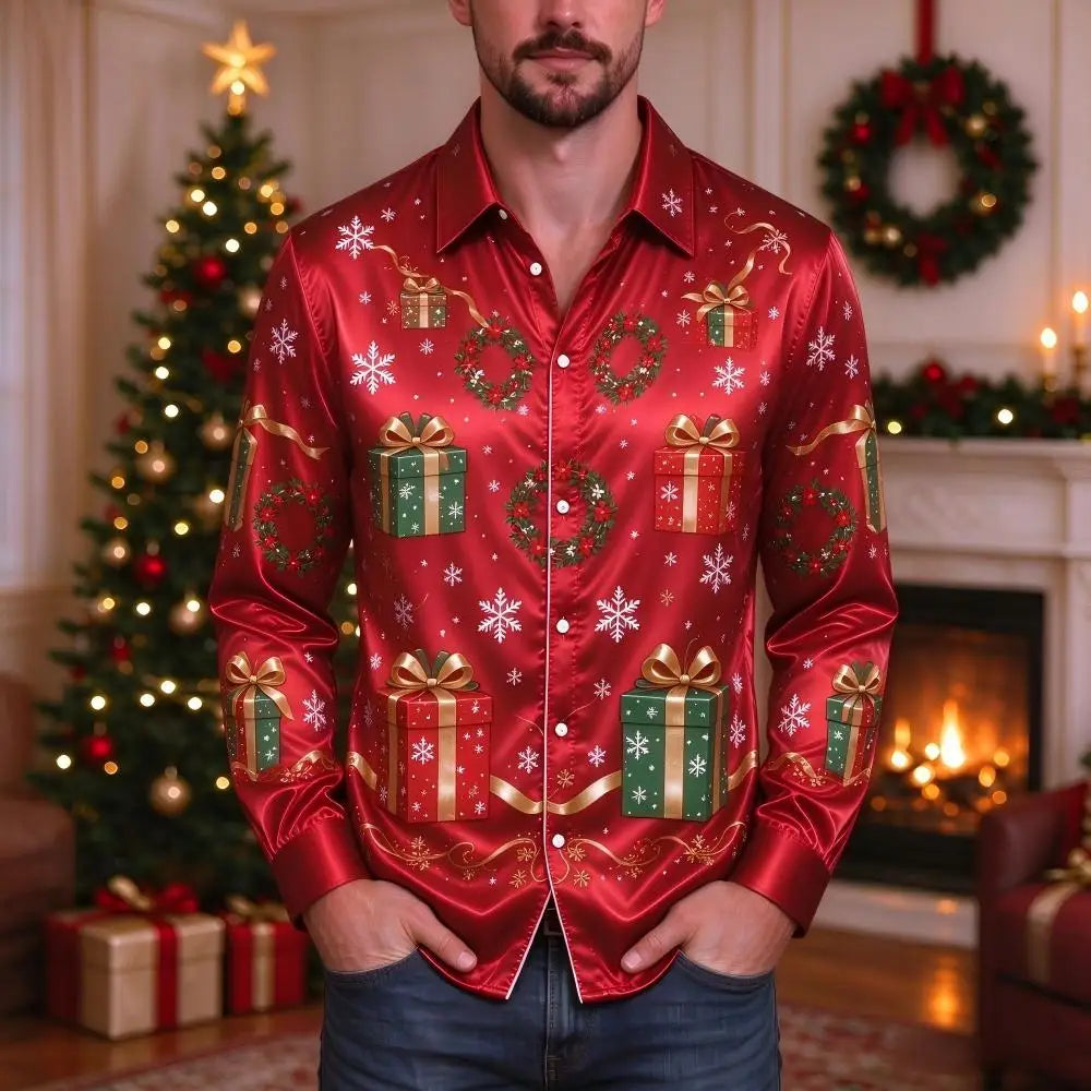Ubbo | Satin Bell Print Button-Down Christmas Blouse for Men