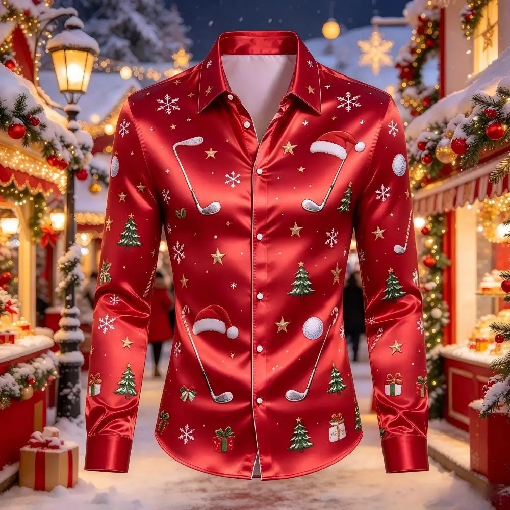 Leopold | Satin Gingerbread Print Button-Down Christmas Blouse