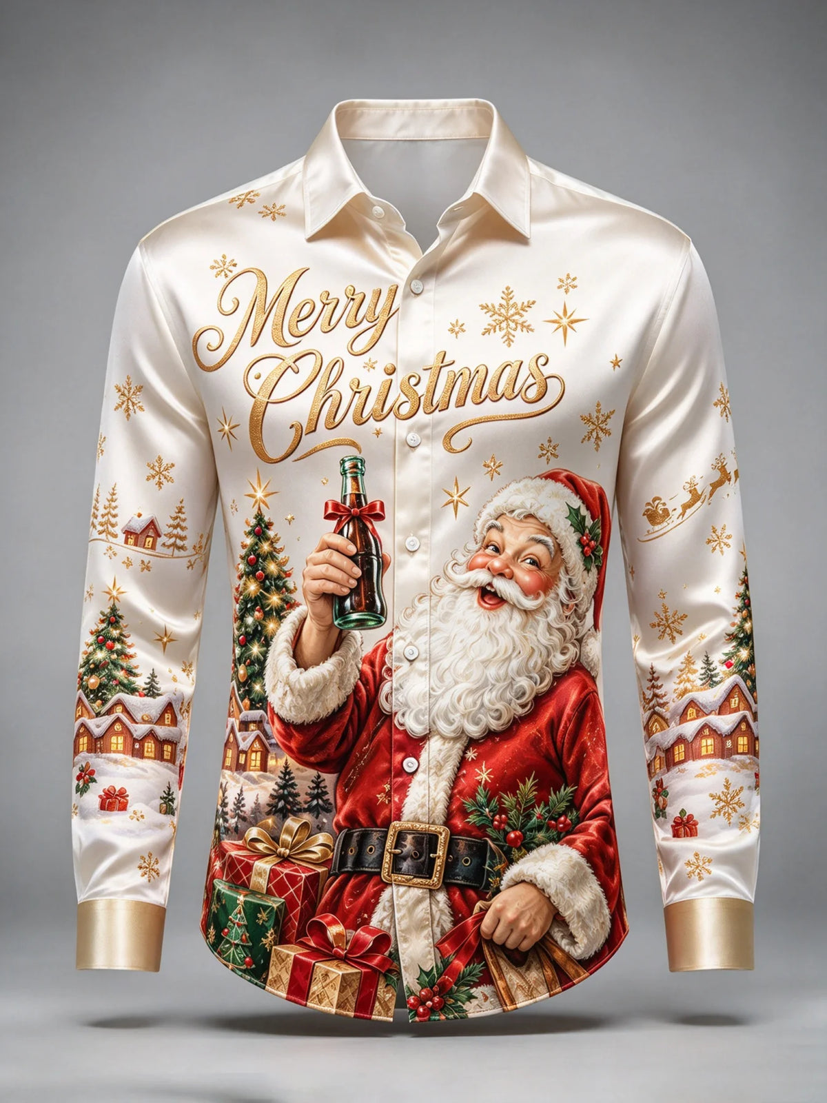 Darian | Santa Print Button-Front Christmas Blouse for Men