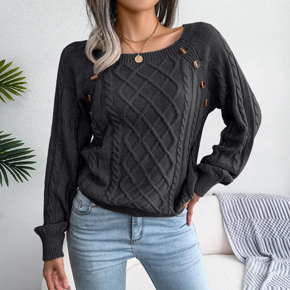 Editha | Cable Knit Sweater with Square Neck Buttons for Women