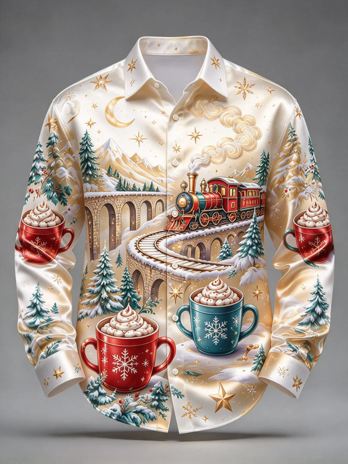 Rinus | Christmas Train Print Button-Up Shirt for Men