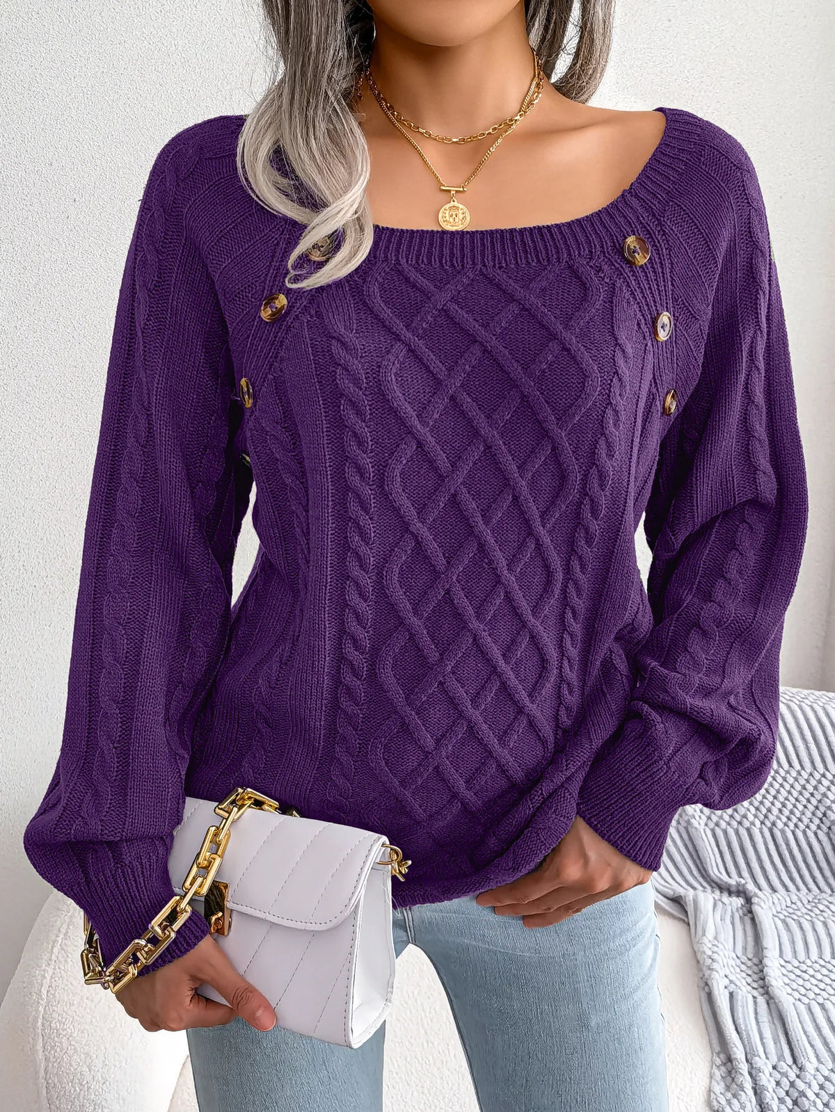 Editha | Cable Knit Sweater with Square Neck Buttons for Women