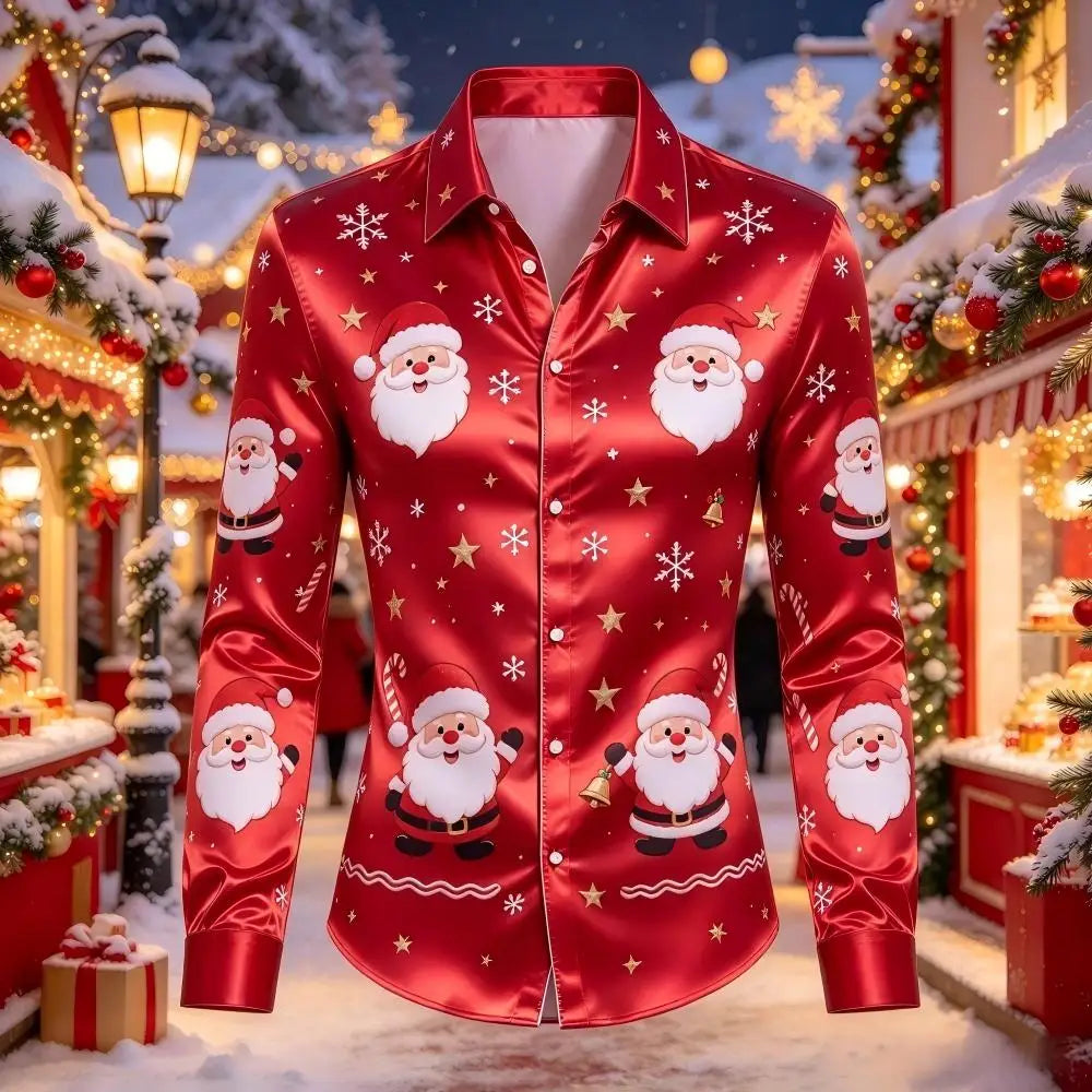 Leopold | Satin Gingerbread Print Button-Down Christmas Blouse