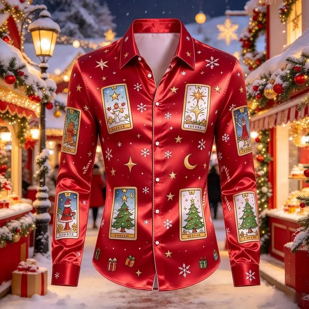Leopold | Satin Gingerbread Print Button-Down Christmas Blouse