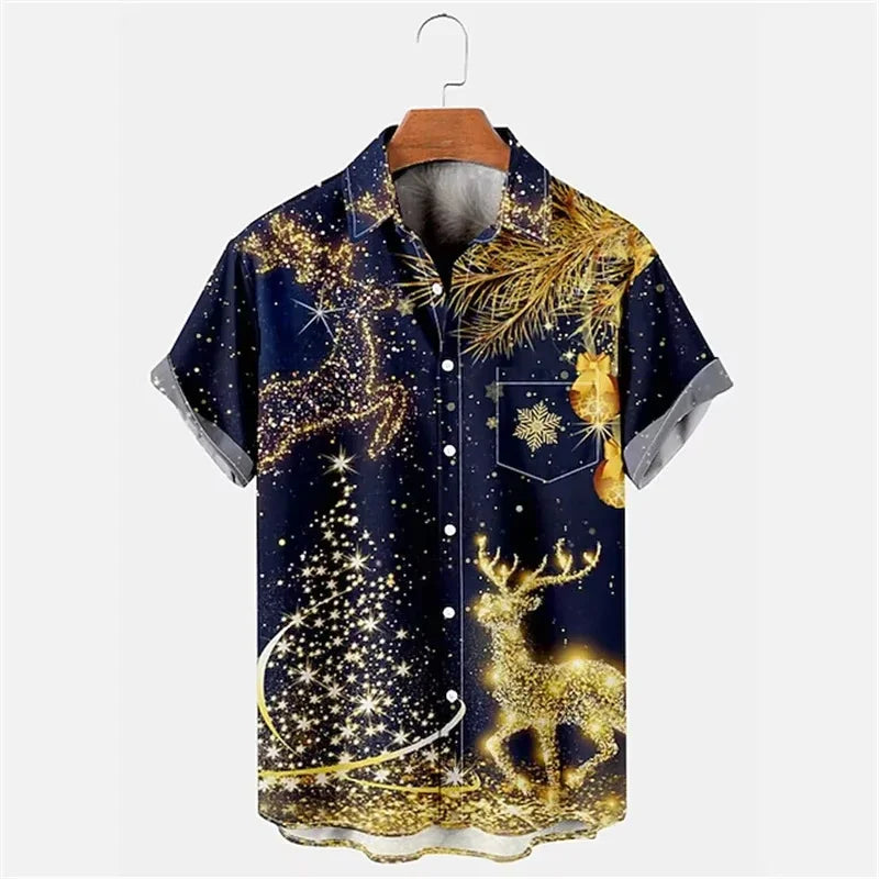 Carter | Short Sleeve Christmas Blouse with Santa Print for Men