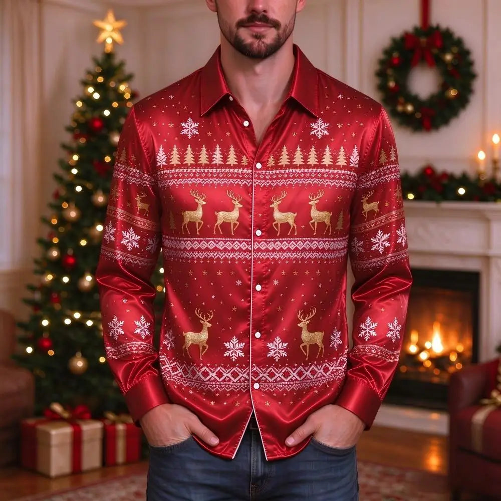 Ubbo | Satin Bell Print Button-Down Christmas Blouse for Men