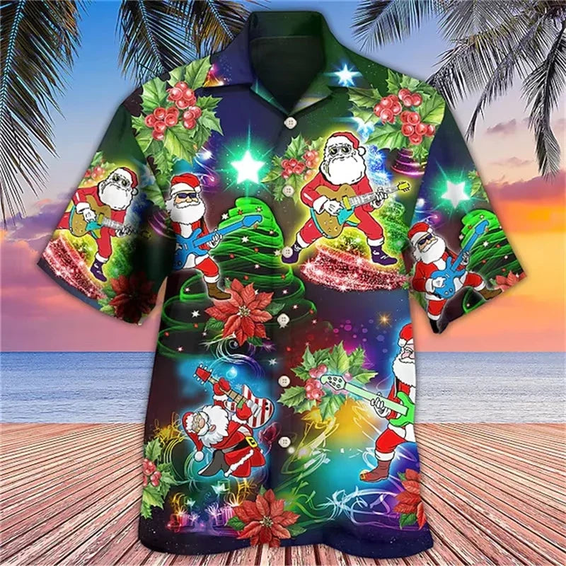 Carter | Short Sleeve Christmas Blouse with Santa Print for Men