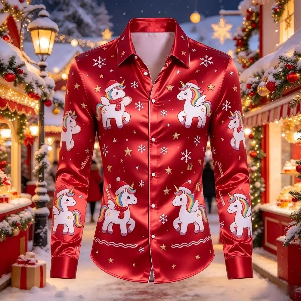 Leopold | Satin Gingerbread Print Button-Down Christmas Blouse