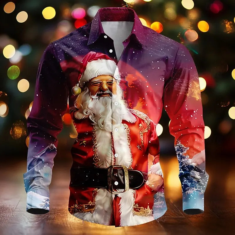 Cedric | Santa Print Button-Down Christmas Blouse for Men