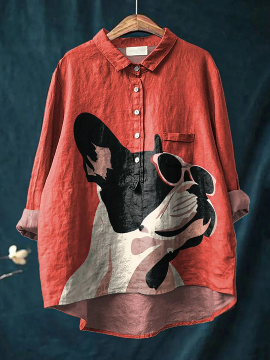 Samantha | Decorative Pattern of French Bulldog Wearing Sunglasses On Red Background Casual  Shirt 0