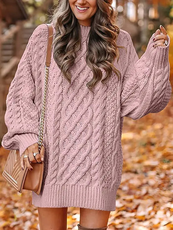 Winnifred | Cable Knit Sweater Dress with Balloon Sleeves