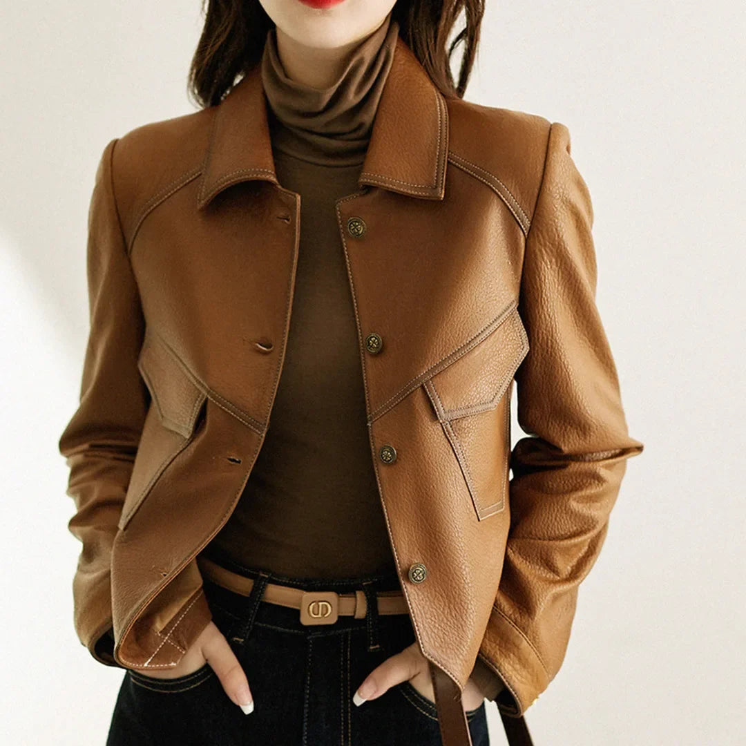 Dietlinde | Notch Lapel Leather Jacket with Patch Pockets