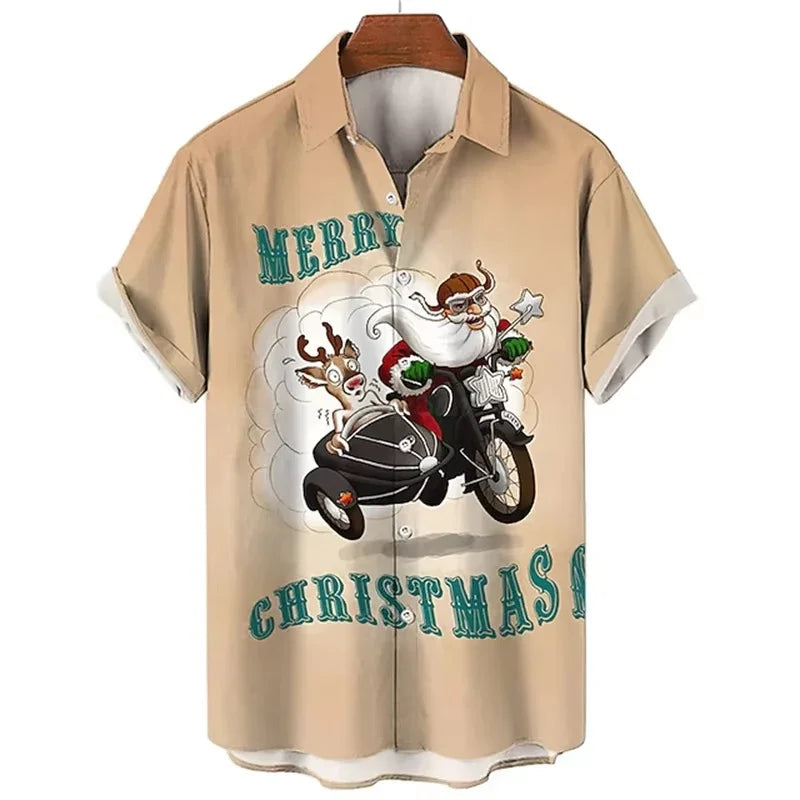 Carter | Short Sleeve Christmas Blouse with Santa Print for Men