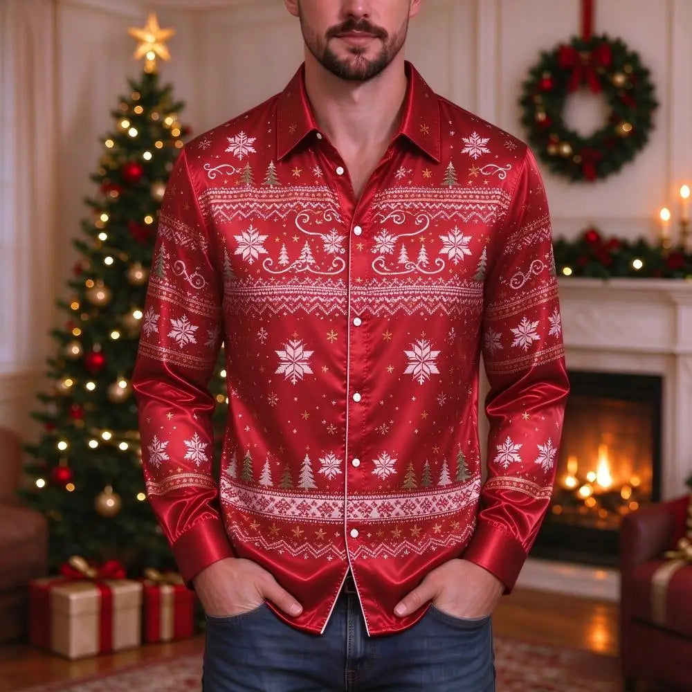 Ubbo | Satin Bell Print Button-Down Christmas Blouse for Men