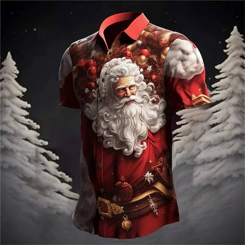 Carter | Short Sleeve Christmas Blouse with Santa Print for Men