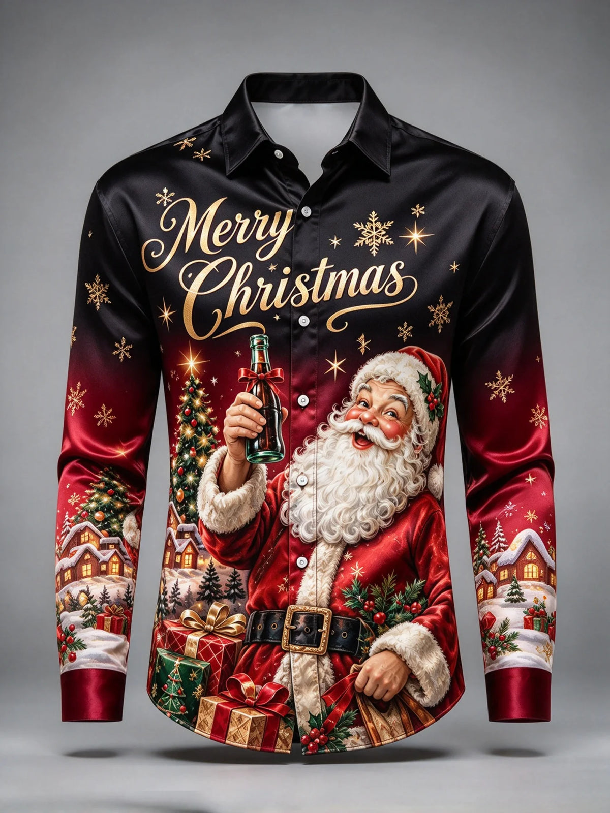 Darian | Santa Print Button-Front Christmas Blouse for Men