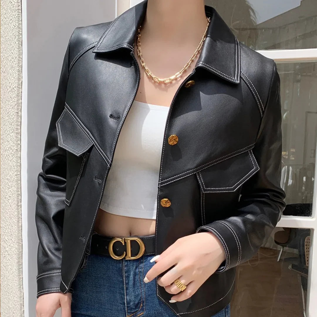Dietlinde | Notch Lapel Leather Jacket with Patch Pockets