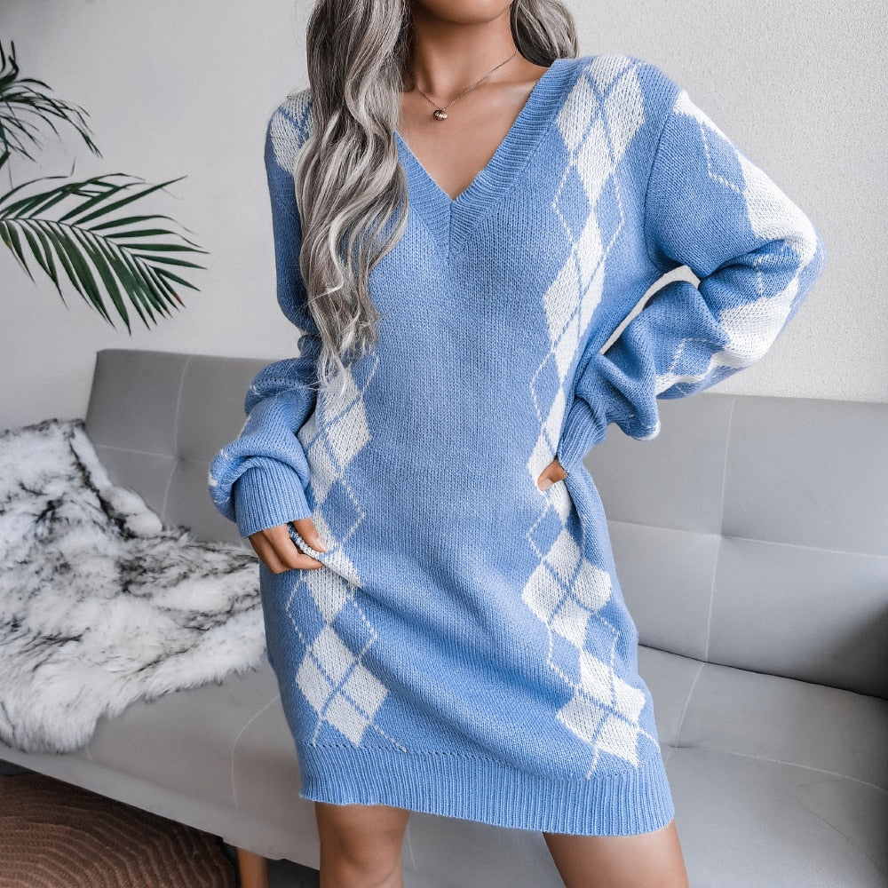 Charlot | Argyle V-Neck Sweater Dress for Women