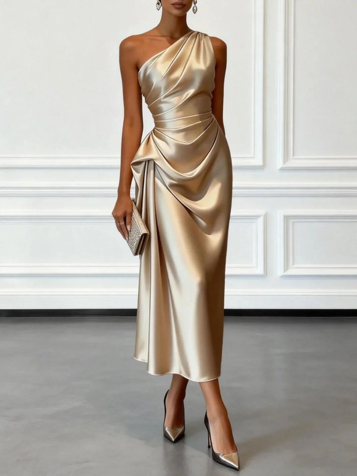 Ilenora | Draped One-Shoulder Ruched Midi Dress for Women