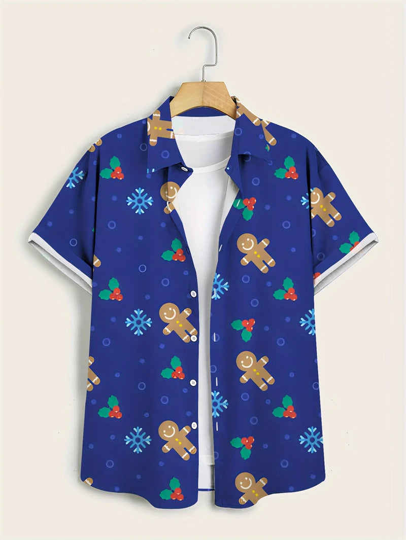 Henning | Santa Print Short Sleeve Christmas Blouse for Men