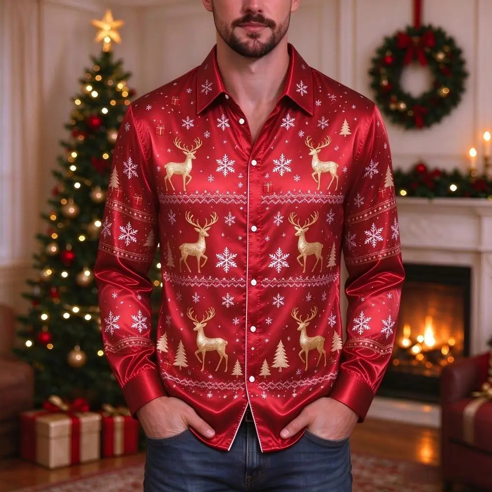 Ubbo | Satin Bell Print Button-Down Christmas Blouse for Men