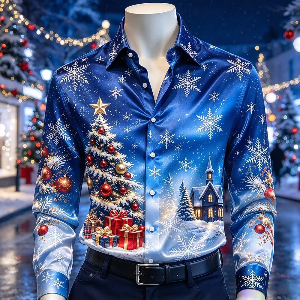 Trevor | Satin Christmas Blouse with Snowflake Print for Men