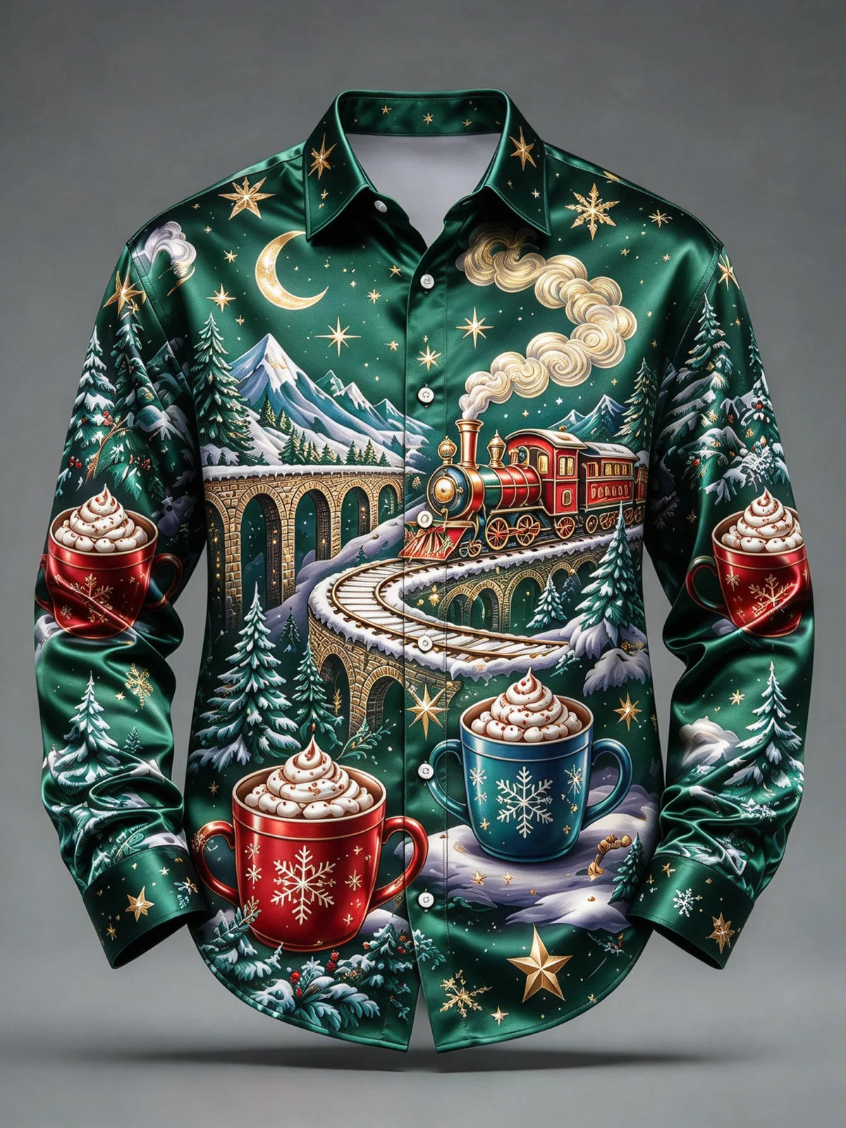 Rinus | Christmas Train Print Button-Up Shirt for Men