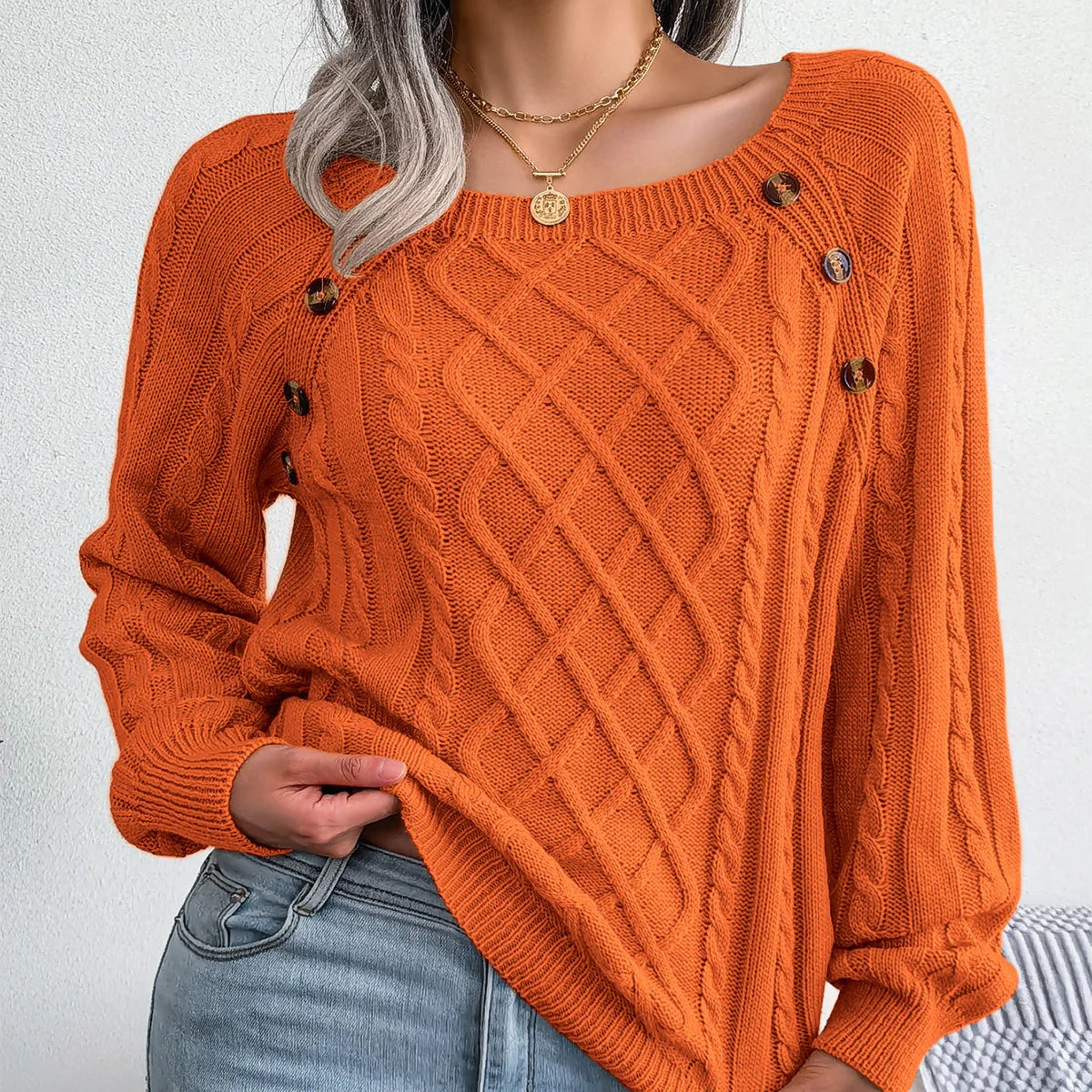 Editha | Cable Knit Sweater with Square Neck Buttons for Women