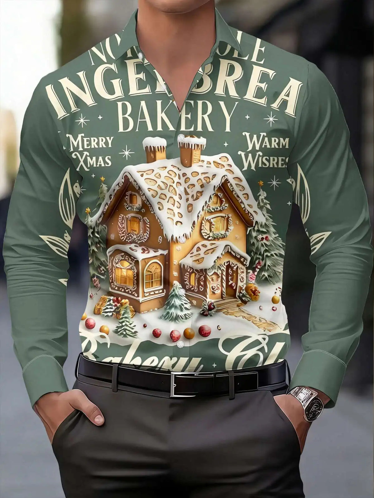 Anatole | Santa Claus Print Button-Down Christmas Blouse for Men