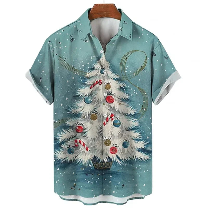 Carter | Short Sleeve Christmas Blouse with Santa Print for Men
