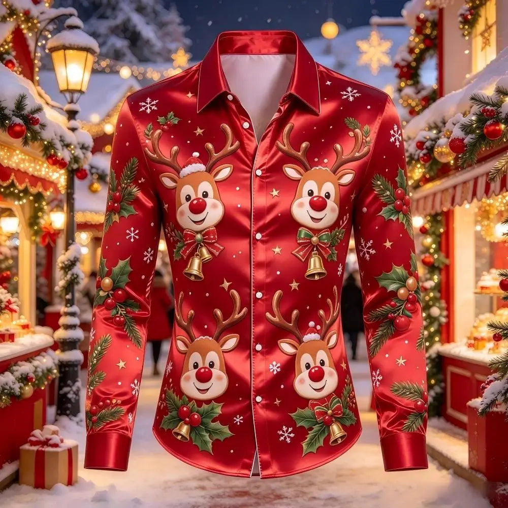Leopold | Satin Gingerbread Print Button-Down Christmas Blouse