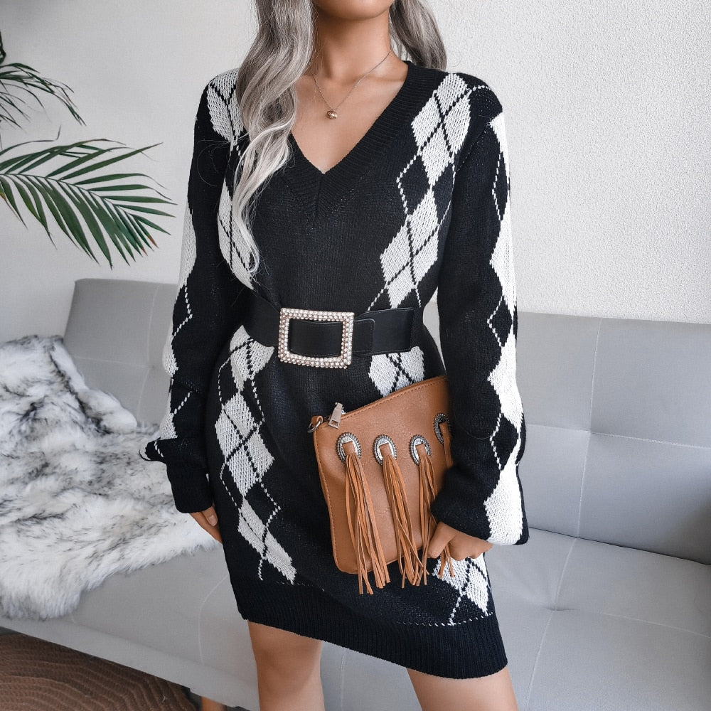 Charlot | Argyle V-Neck Sweater Dress for Women