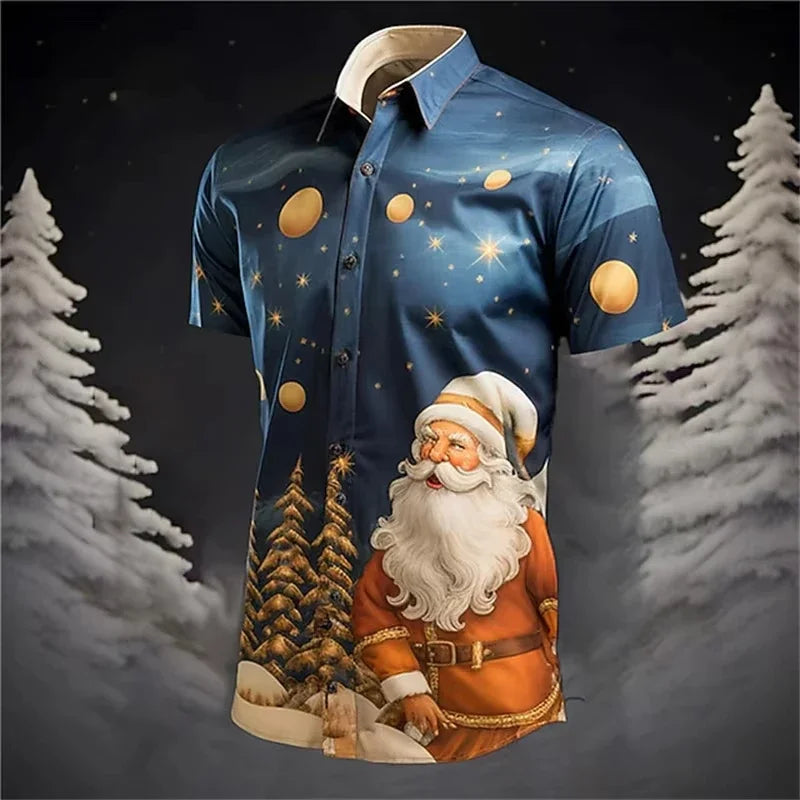 Carter | Short Sleeve Christmas Blouse with Santa Print for Men