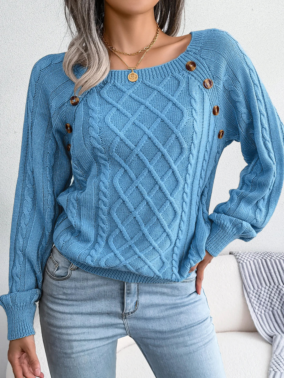 Editha | Cable Knit Sweater with Square Neck Buttons for Women