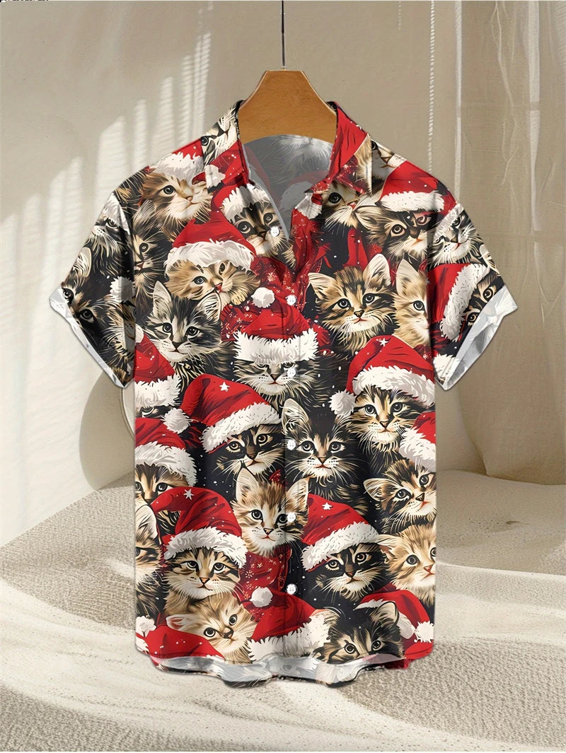 Henning | Santa Print Short Sleeve Christmas Blouse for Men