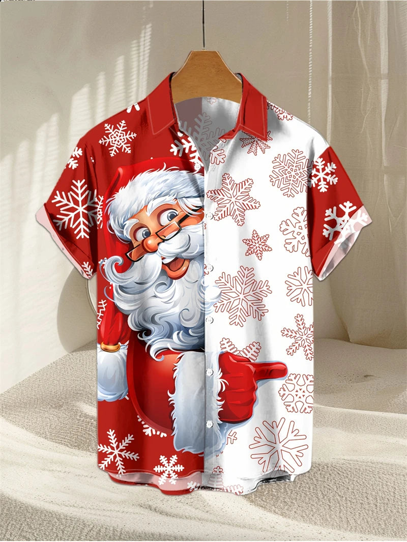 Henning | Santa Print Short Sleeve Christmas Blouse for Men