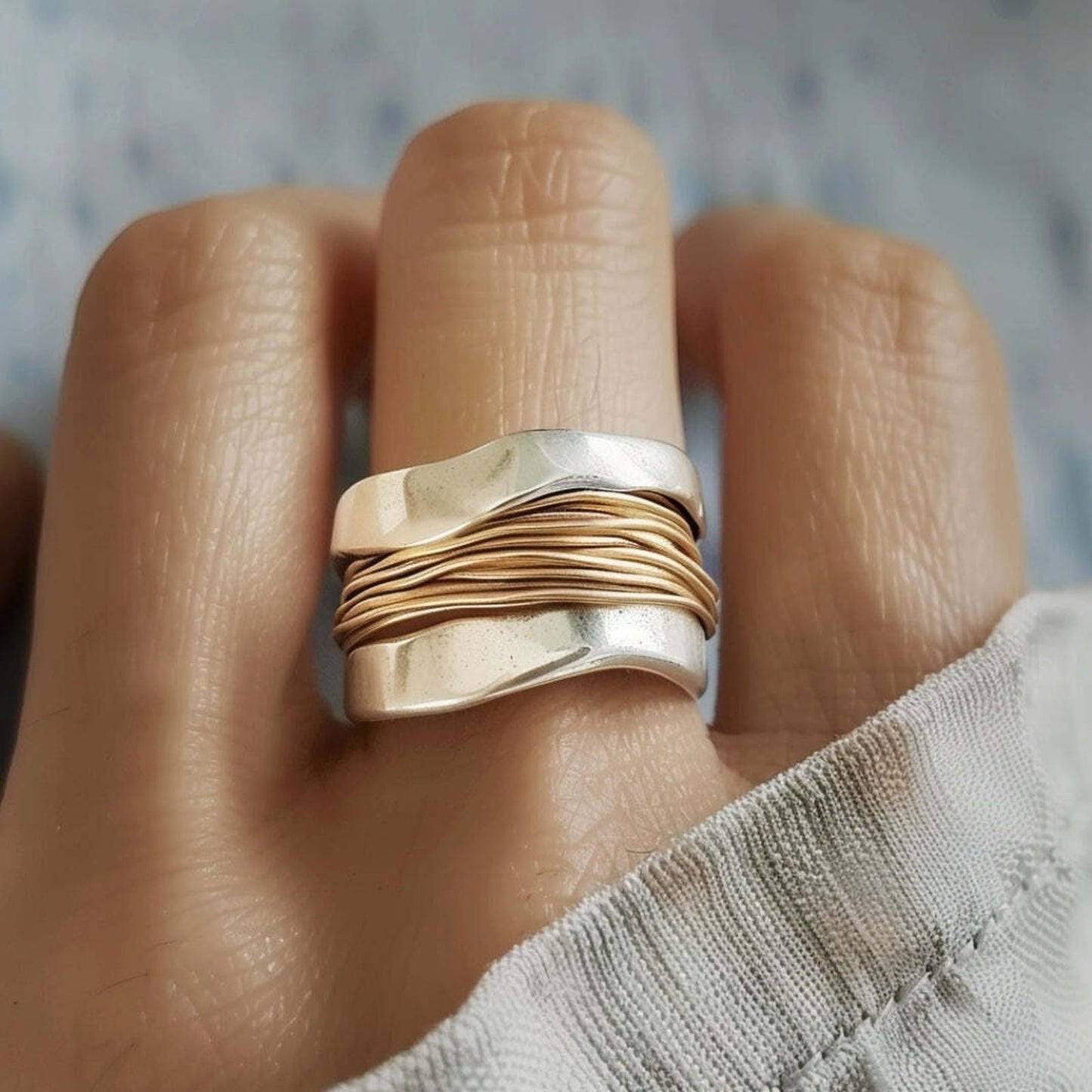 Silver Golden Threads Ring 0