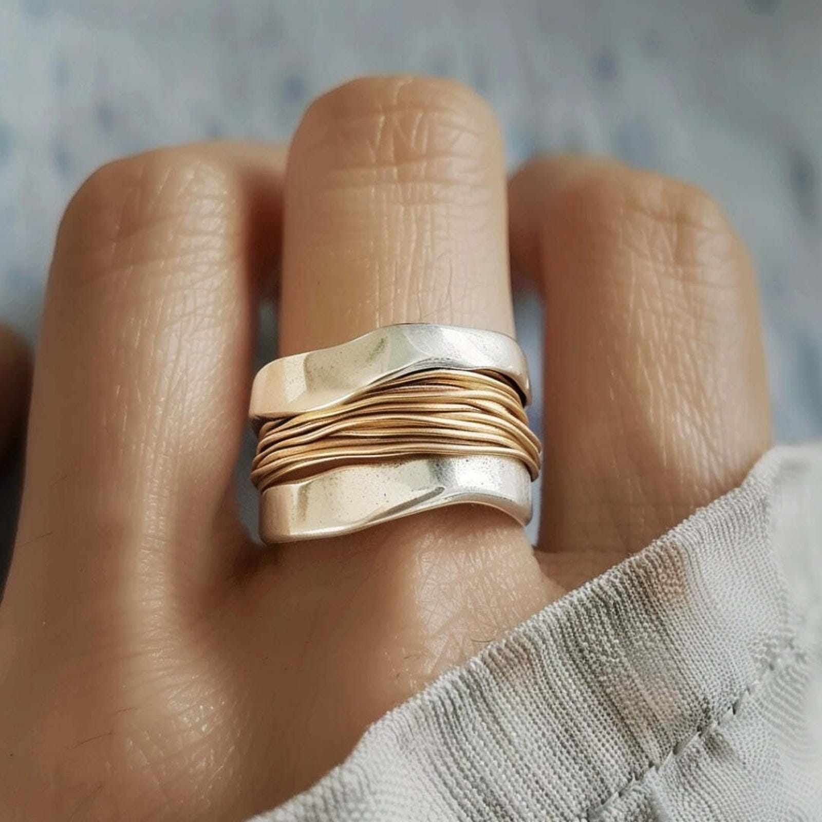 Silver Golden Threads Ring 0