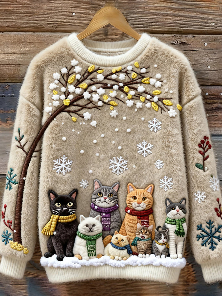 Tessa™ | Christmas Cats Embroidery Women's Cozy Plush Sweater