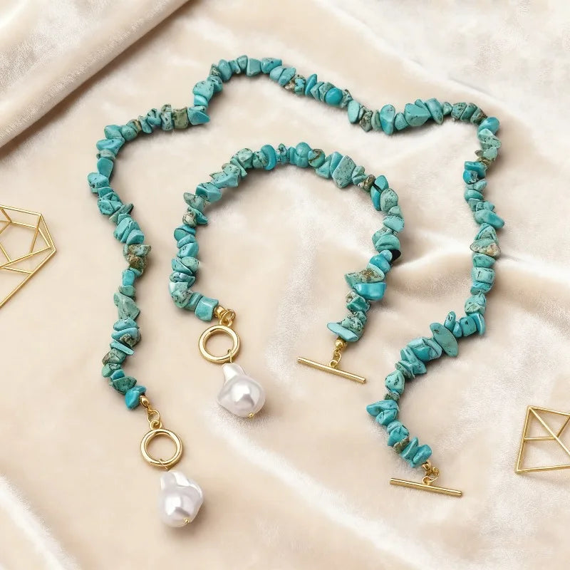 Turquoise Chip & Baroque Pearl Toggle Necklace 0