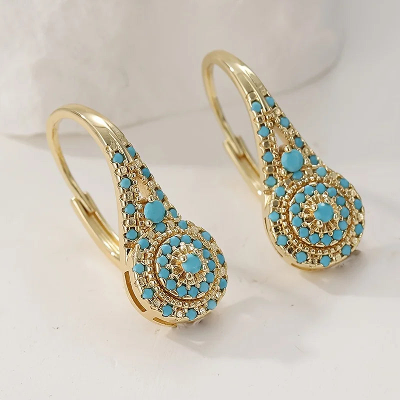 Turquoise Mosaic Teardrop Gold Earrings 0