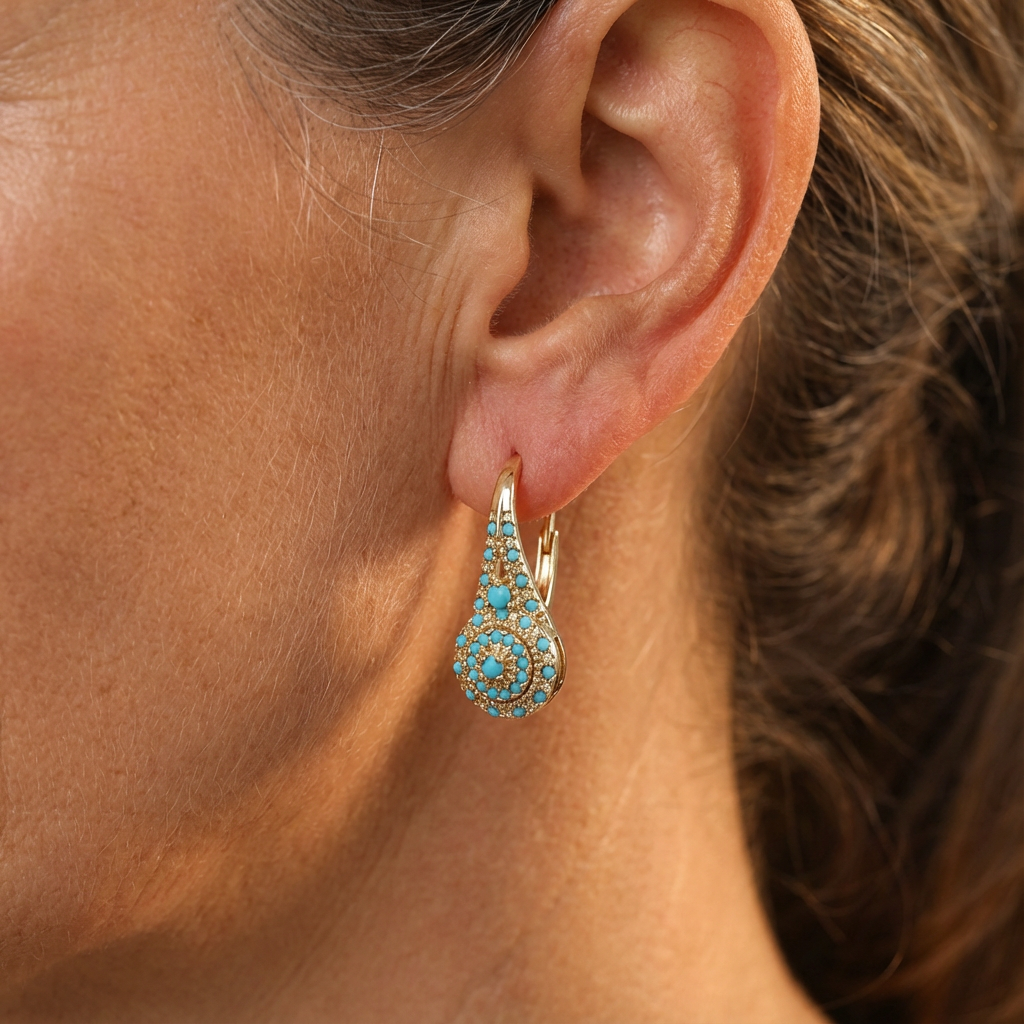 Turquoise Mosaic Teardrop Gold Earrings 1