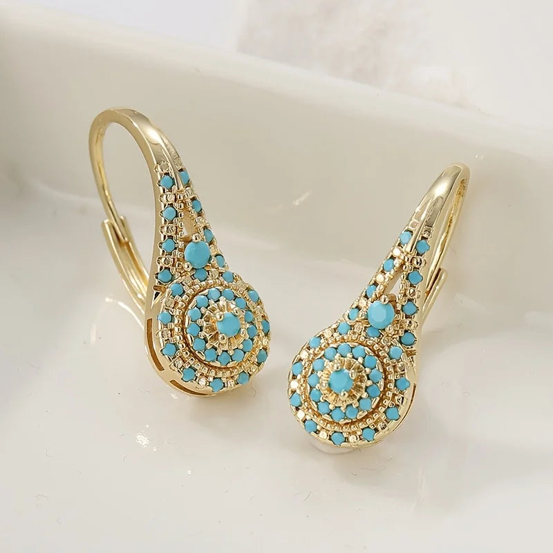 Turquoise Mosaic Teardrop Gold Earrings 2