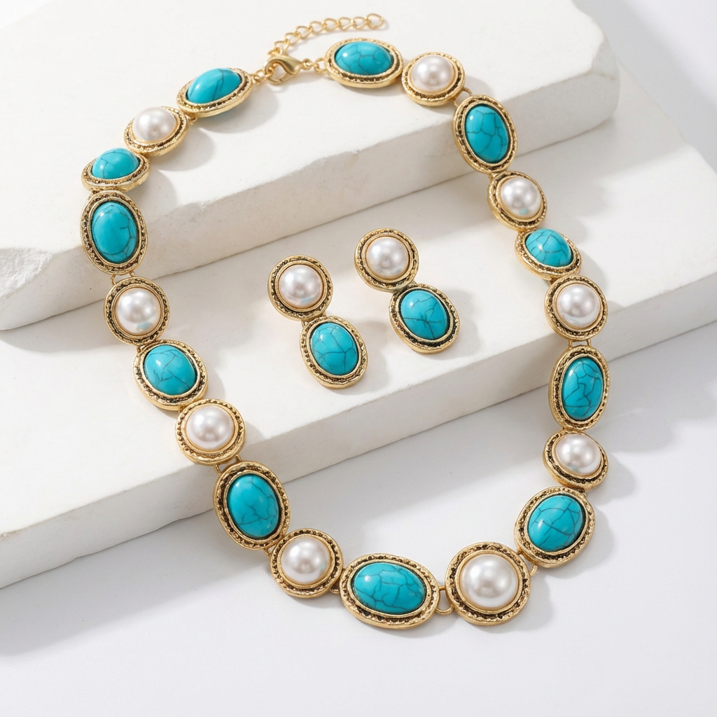 Turquoise & Pearl Antique Gold Statement Set 0